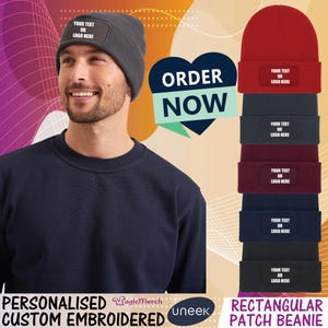 Personalised Printed Uneek Rectangular Patch Beanie Custom Text Logo Workwear Unisex Winter Cap Hats