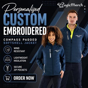 May include: A navy blue padded softshell jacket featuring a full-length front zip, side zip pockets, and a high collar with a lime green inner lining. The chest area includes the placeholder text 'YOUR TEXT HERE' for customisation.