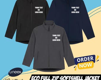 Personalised Printed Uneek Eco Softshell Jacket Full Zip Your Text Logo Unisex Outdoor Gym WorkWear GR65