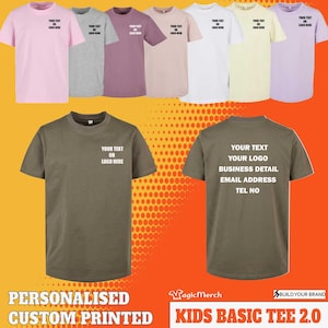 May include: A collection of short-sleeved t-shirts in various colours including pink, grey, mauve, beige, white, yellow, and lavender, featuring a customisable area for text or logos on the chest. An olive green t-shirt is shown with front and back views.