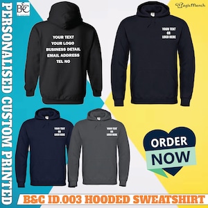 Puede incluir: Una colección de sudaderas con capucha personalizadas en negro, azul marino y gris. Las sudaderas tienen un bolsillo delantero, capucha y opciones de texto o logotipo personalizables. La parte posterior de la sudadera negra muestra un texto de ejemplo. La imagen también incluye un gráfico de "Pedir ahora".