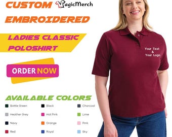 Personalised Embroidered Uneek Ladies Classic Polo Shirt Your Text Work Wear top
