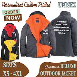 May include: A collection of outdoor jackets in black with contrasting inner linings in orange, red, and yellow. The jackets feature customizable areas for text or logos on the chest and back. Text on the jackets includes YOUR TEXT OR LOGO HERE and YOUR TEXT YOUR LOGO BUSINESS DETAIL EMAIL ADDRESS TEL NO.