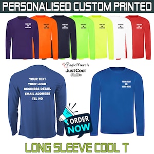 Op de afbeelding: Een display van shirts met lange mouwen in verschillende kleuren, waaronder paars, oranje, zwart, groen, geel, wit en rood. Elk shirt heeft een klein tekstgedeelte op de borst met de tekst "YOUR TEXT OR LOGO HERE". De achterkant van een blauw shirt toont tekst. De afbeelding bevat ook de tekst "ORDER NOW".