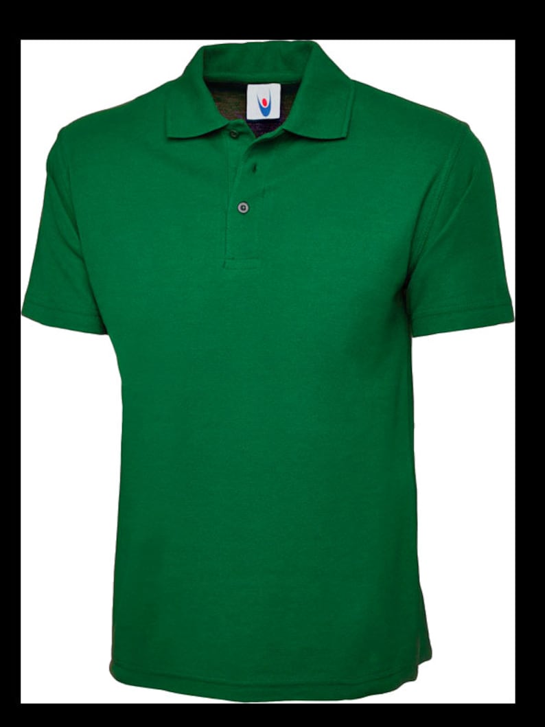 May include: A solid green short-sleeved polo shirt with a button-up collar.