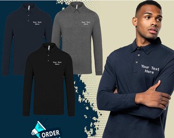 Personalised Kariban Jersey Knit Long Sleeve Polo Shirt Embroidered Custom Text Logo Casual Workwear Unisex