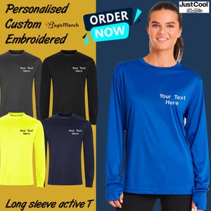 Może przedstawiać: Obraz przedstawia aktywne koszulki z długim rękawem w różnych kolorach: czarnym, szarym, granatowym i żółtym. Na zdjęciu znajduje się również niebieska koszulka z długim rękawem. Każda koszulka ma nadruk "Your Text Here" na piersi. Obraz zawiera również tekst "Personalised Custom Embroidered" i "ORDER NOW".