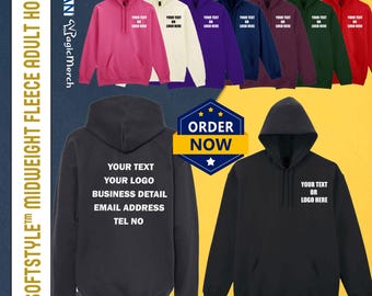 Personalised Gildan Printed Softstyle Midweight Fleece Adult Hoodie Text Logo Unisex Workwear Staff Stage Hen Do Party Gifts Gym GD067