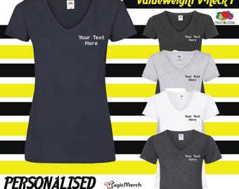Embroidered Personalised Custom Your Text Fruit of the Loom Women&#39;s Valueweight V-neck T-Shirt Top