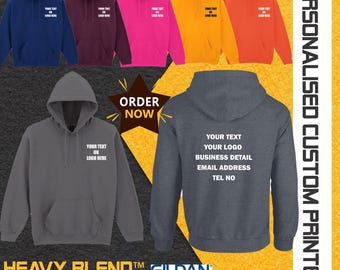 Personalised Gildan Heavy Blend Hooded Sweatshirt Printed Logo Text Unisex Workwear Staff Stage Hen Do Party Gifts Top Jumper Gym