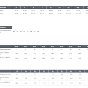 May include: A size chart for men's polo shirts with measurements in inches and centimetres. The chart shows chest and length measurements for sizes XS to 6XL.