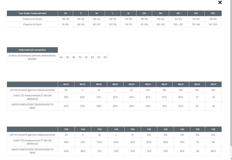 May include: A size chart for men's polo shirts with measurements in inches and centimetres. The chart shows chest and length measurements for sizes XS to 6XL.