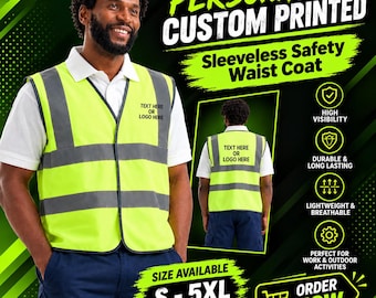 Personalised Uneek Printed Vis Safety Unisex Waistcoat WorkWear Custom Text Logo Uniform Security Staff Vest UC801