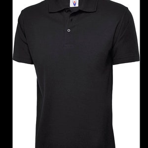 May include: A black short-sleeved polo shirt with a button-up collar.