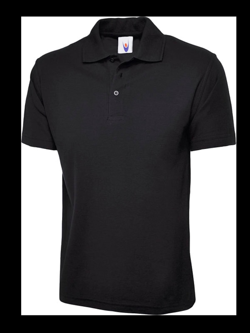 May include: A black short-sleeved polo shirt with a button-up collar.