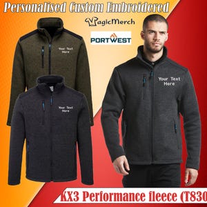 May include: Three fleece jackets are displayed, in dark grey, olive green, and charcoal. Each jacket features a zip, a high collar, and a small chest pocket. The text "Your Text Here" is embroidered on each jacket. The image also shows the text "KX3 Performance fleece".