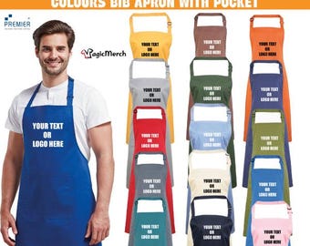 Personalised Custom Printed Premier Colours Bib Apron With Pocket Cleaning Kitchen Your Text Chef Work Wear Staff