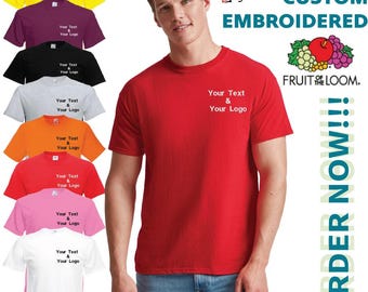 Embroidered Personalised Custom Text Fruit of the Loom Original T-Shirt Your Text Unisex Sports Gym Running Top