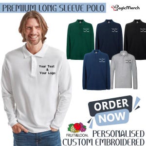 Embroidered Personalised Text Fruit of the Loom Premium Long Sleeve Polo Unisex Your Text Gym Work Wear Sports Top