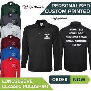 Personalised Printed Custom Uneek Long Sleeve Classic Polo Shirt Unisex Workwear Casual Gym Sports Running Top UC113