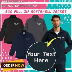 Personalised Embroidered Uneek Eco Softshell Jacket Full Zip Your Text Logo Unisex Outdoor Gym WorkWear GR65