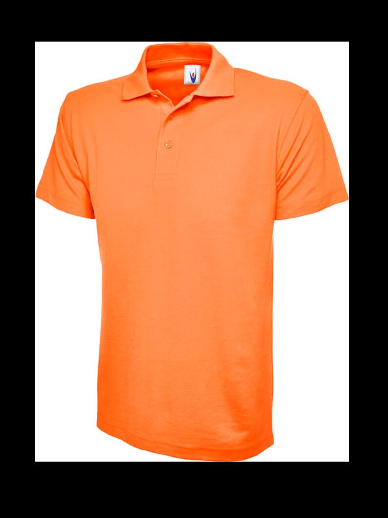 May include: A bright orange short-sleeved polo shirt with a button-up collar.