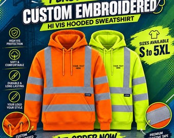 Personalised Uneek Embroidered Hi Vis Hooded Sweatshirt Workwear Text Logo Staff Event Security 100% Polyester