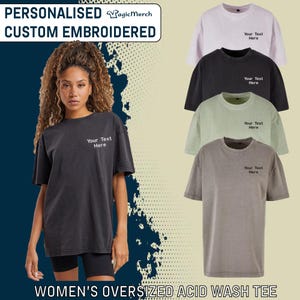 May include: A collection of five oversized short-sleeve t-shirts in various colors including black, light purple, sage green, and grey. Each shirt features a crew neckline and custom embroidery on the left chest that reads Your Text Here.