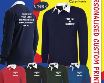 Camiseta de rugby clásica Uneek personalizada con estampado, manga larga, ideal para el trabajo, el gimnasio o ocasiones informales. Logotipo con texto personalizado. Ropa deportiva.