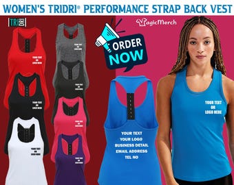 Personalised Custom Printed Text Women's TriDri® Performance Strap Back Vest Gym Yoga Fittness Exercise Running Tank Top