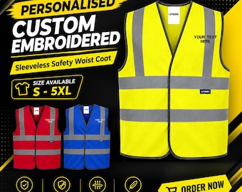 Personalised Uneek EmbroideredHi Vis Safety Unisex Waistcoat WorkWear Custom Text Logo Uniform Security Staff Vest UC801