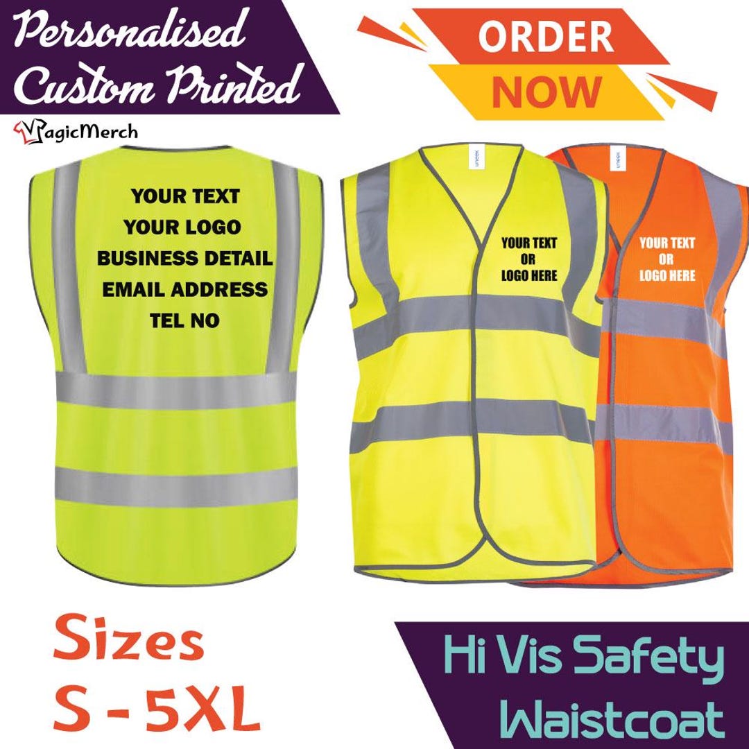 Personalised Custom Printed Your Text Hi Vis Safety Unisex Waistcoat ...