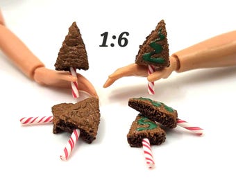 Christmas Tree Brownie Pops, 3 Pack, 1:6 Mini Winter Holiday Faux Baked Goods, Tiny Xmas Clay Desserts For Bakery Diorama, Elf Food Props