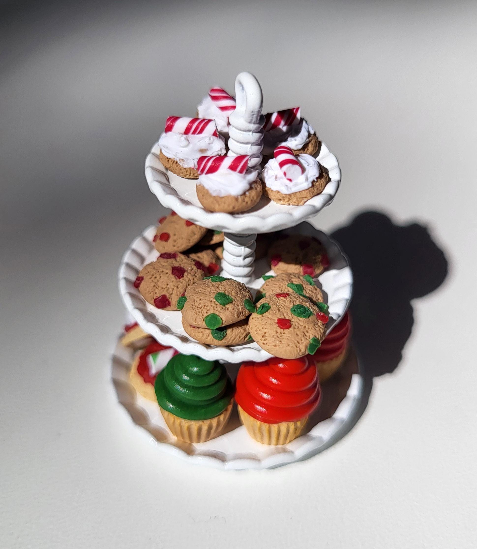 3 Tier Christmas Dessert Stand, Miniature 112 Santa Cookies, Dollhouse Cupcakes, Christmas Decor 1/12, Faux Sweets, Assorted Holiday Food