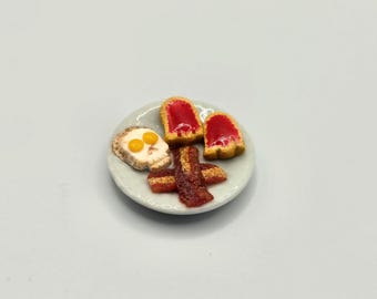 Mini Boo Breakfast, Tiny Spooky Season Meal, Haunted Dollhouse Bacon and Eggs, Halloween Themed Realistic Brunch Food on Ceramic Plate
