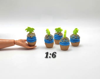 Beachy Cupcake, 1 Piece, 1:6 Mini Summer Pool Party Dessert, Tropical Sandy Ocean Theme Cake, Dollhouse Fake Bake Diorama Clay Food Trinket