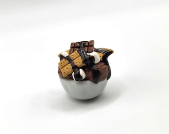 1:6 S'more Ice Cream Sundae, Miniature Dollhouse Frozen Treat In Ceramic Bowl, Mini Celebration Chocolate Dessert, Decadent Clay Food Prop