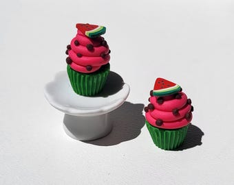 Miniature Watermelon Cupcake, Dollhouse Summer Food, 1/6 Scale Bakery Item, Faux Fruit Mini Decor, Handmade Clay Picnic Food For Dolls