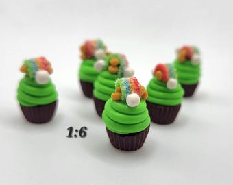 1:6 St. Patrick's Cupcake, 1 Piece, Miniature Holiday Dessert w/ Faux Marshmallow, Sugared Rainbow Candy and Gold Coins, Mini Bakery Pastry