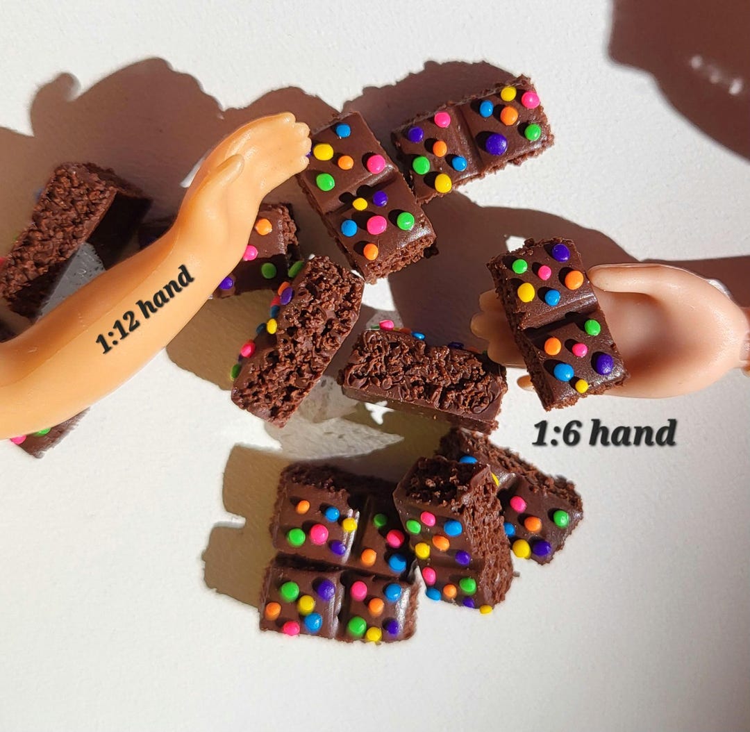 Mini Rainbow Brownies, 2 Pack, Dolls House Snacks, Lunch Box Mini Food, 1:6 Scale Handmade Faux Desserts, 112 Clay Fake Bake Nostalgic Food