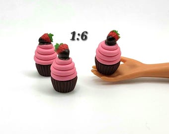 Chocolate Strawberry Cupcake, Miniature 1:6 Valentine Dessert, Doll Sized Fake Bakery Item, Sweetheart's Day Tiny Pastry, Handmade Minis