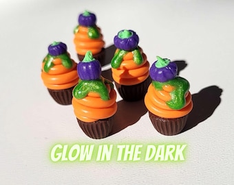 Glow Pumpkin Cupcakes, Miniature 1/6 Spooky Season Food, Glow In The Dark Mini Items For Diorama and Bakery, Fashion Doll Clay Accessories