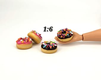 Rainbow Sprinkle Donuts, 2 Pack, Mini 1:6 Bakery Pastries, Faux Chocolate and Strawberry Glazed Clay Doughnuts, Miniature Fake Bake Desserts