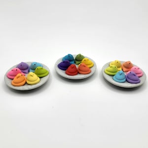 Rainbow Chick Marshmallows, 1:6 Faux Easter Candy, Dollhouse Miniature Spring Dessert Plate, Handmade Clay Mini Foods on 1 Inch Ceramic Dish