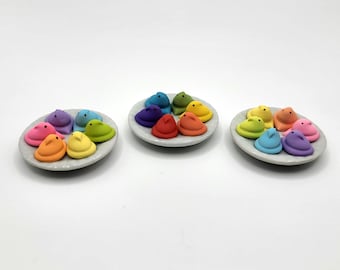 Rainbow Chick Marshmallows, 1:6 Faux Easter Candy, Dollhouse Miniature Spring Dessert Plate, Handmade Clay Mini Foods on 1 Inch Ceramic Dish