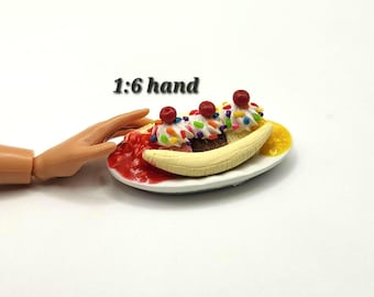 Fruity Banana Split, 1/6 Dollhouse Ice Cream Sundae With Rainbow Sprinkles, Fake Frozen Dessert With Strawberry Sauce and Crushed Pineapple