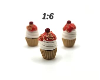 1:6 Cherry Cheesecake Cupcake, 1 Piece Mini Fake Bake Dessert, Dollhouse Faux Fruit Pastry, Doll Sized Food Trinket, Prop For Dioramas