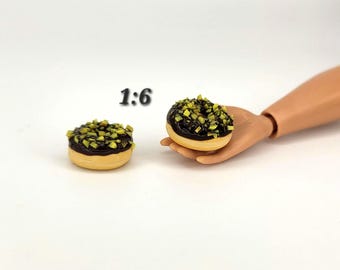 Dubai Chocolate Donuts, 2 Pack of Miniature Pistachio Desserts, 1:6 Faux Bakery Pastry, Mini Glazed Doughnuts, Fake Bake Dollhouse Accessory