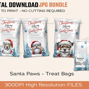 May include: Digital download JPG bundle of Christmas treat bags. The bags feature illustrations of dogs dressed as Santa Claus, with text that reads "Christmas Delivery From Santa Paws". The bags are decorated with blue ornaments and pine trees.
