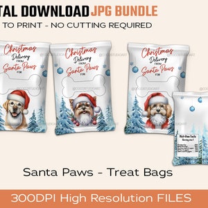 Op de afbeelding: Digitale download JPG-bundel van kersttraktatiezakken. De zakken bevatten illustraties van honden met kerstmutsen, met de tekst "Christmas Delivery From Santa Paws For". Inclusief bestanden met hoge resolutie.